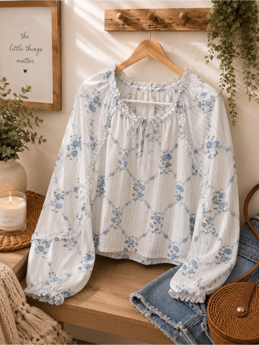 Old Navy Boho Floral Peasant Blouse - Light Blue - Size L